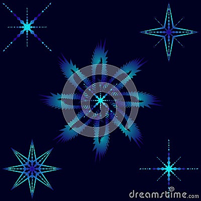 Blue snowflakes, icicles and stars. Vector Illustration