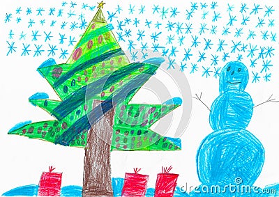 Blue snowman, big christmas tree, child drawing Stock Photo