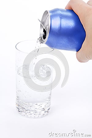 Blue soda can and glass Stock Photo