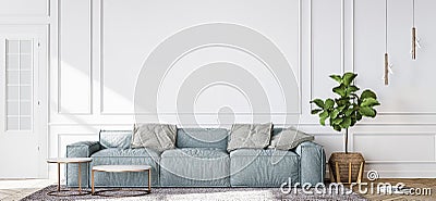 Blue sofa in contemporary living room, minimal design with empty white wall Stock Photo