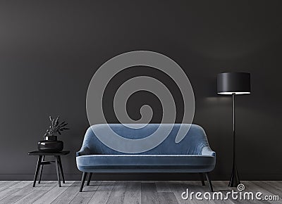 Blue sofa in dark modern interior design mockup, minimal home decor Stock Photo