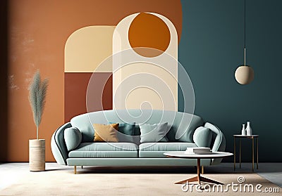Blue sofa and pendant light against of wall with art decoration. Mid century interior design of modern living room. Created with Stock Photo