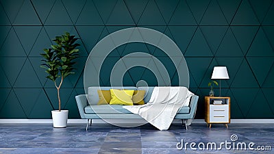 Modern green room interior design,blue sofa and plant with wood cabinet on marble flooring and green wall /3d render Stock Photo