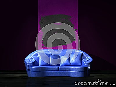 Blue sofa with purple part of the wall Stock Photo