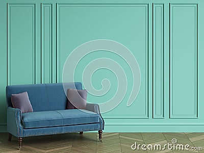 Blue sofa with violet pillows in classic interior with copy space Stock Photo