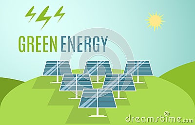 Blue Solar Panels banner. Modern Alternative Eco Green Energy. Vector illustration. Vector Illustration