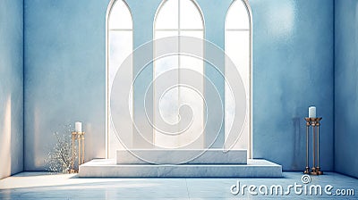 Blue spacious light interior of the temple, generative AI. Stock Photo