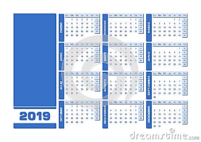 Blue 2019 Spanish calendar. Printable landscape version Vector Illustration