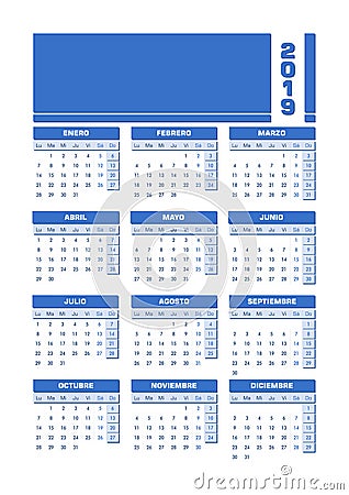 Blue 2019 Spanish calendar. Printable portrait version Vector Illustration