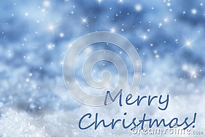 Blue Sparkling Background, Snow, Text Merry Christmas Stock Photo