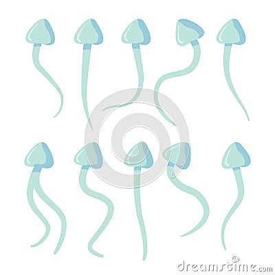 blue sperm set. Different types including double-tailed sperm. Semen symbol. Ejaculation, male fertility, reproduction Vector Illustration