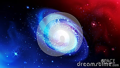 Blue spiral galaxy on the background of cosmic nebulae. Planets, stars, infinity. Futuristic vector image of an endless universe. Vector Illustration