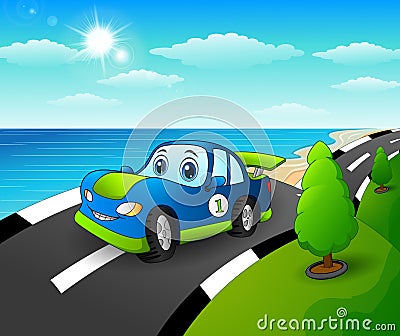 Blue sport car in the seaside road Vector Illustration