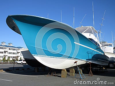 Blue Sport Fishing Boat in Dry Dock Stock Photo
