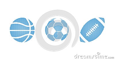 Blue sport halftone dotted vector illustration of a balls set for football, basketball, soccer, isolated on a white background Cartoon Illustration