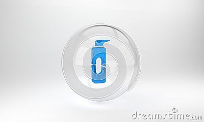 Blue Spray can for hairspray, deodorant, antiperspirant icon isolated on grey background. Glass circle button. 3D render Cartoon Illustration