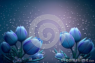 Blue spring flowers on pastel background with morning dew droplets, space for text. Generative ai illustration. Cartoon Illustration