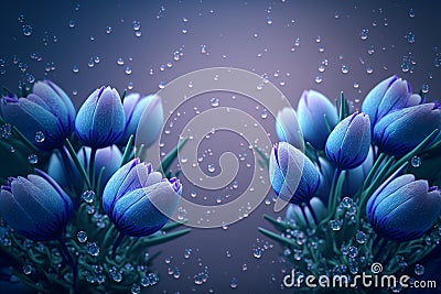 Blue spring flowers on pastel background with morning dew droplets, space for text. Generative ai illustration. Cartoon Illustration