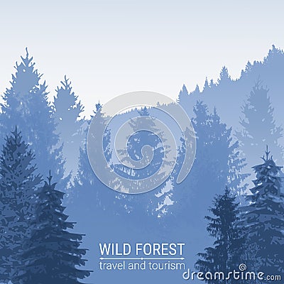 Blue spruce in the haze of fog. Wild forest. Vector. Pine and spruce on the hills. Vector Illustration