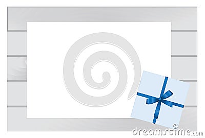 Blue Square Gift Box with Blue Bow on Wooden Plank Background with White sheet of paper. Vector Illustration