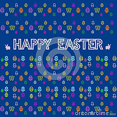 Blue square Happy Easter card with bunnies, eggs, butterflies and flowers Stock Photo