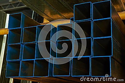 Blue square metal tubes Stock Photo