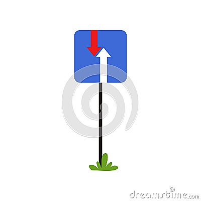 Blue square road sign with red and white arrows. Symbol notify about advantage over oncoming traffic. Cartoon flat Vector Illustration