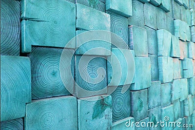 Blue Stained Wood Block Wall, Showing Wood Grain and Cracks - Rustic Home Decor Stock Photo