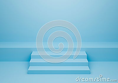 Blue stairs up front view. Pastel color room background with stairway. 3D Rendering design. Stairway or podium geometrical texture Stock Photo