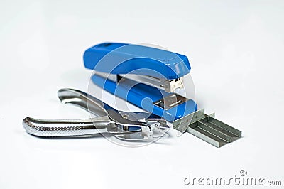 Blue Stapler with staples wires and stapler remover on white bac Stock Photo