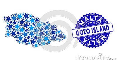 Blue Star Gozo Island Map Collage and Grunge Seal Vector Illustration