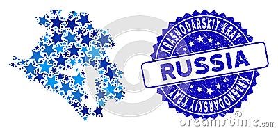 Blue Star Krasnodarskiy Kray Map Mosaic and Grunge Stamp Seal Vector Illustration