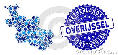 Blue Star Overijssel Province Map Mosaic and Textured Stamp Vector Illustration