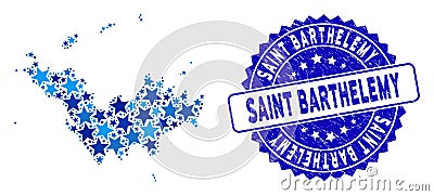 Blue Star Saint Barthelemy Map Composition and Scratched Stamp Seal Vector Illustration