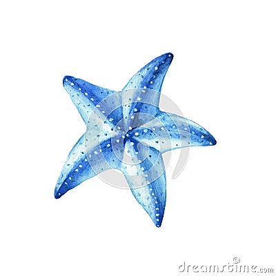 Blue starfish. Underwater life object isolated on white background. Hand drawn watercolor illustration. Cartoon Illustration