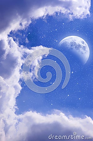 Blue Starry Sky With Half Moon Stock Photo