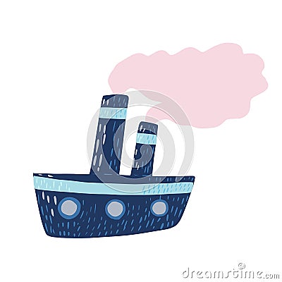 Blue steamboat cute isolated on white background. Cartoonish ship with pink steam in doodle style Cartoon Illustration