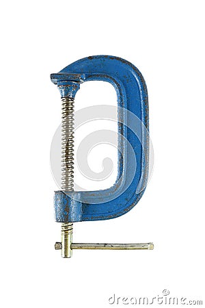 blue steel c-clamp or g-clamp for holding wood or metal isolated Stock Photo