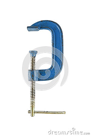 blue steel c-clamp or g-clamp for holding wood or metal isolated Stock Photo