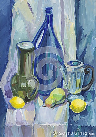 Blue still life with lemons and bottles Stock Photo