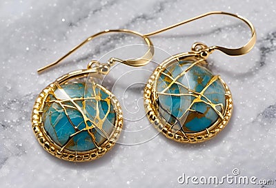 blue stone earrings with gold wire and brass - plated findings Cartoon Illustration