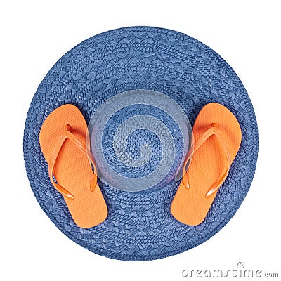 Blue Straw Hat and Orange Flip Flop Stock Photo
