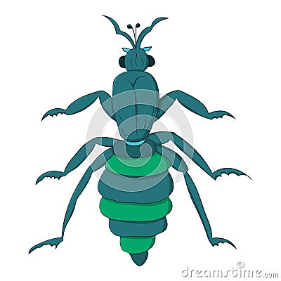 Blue striped beetle with long paws and a rattle. Vector illustration. Drawing by hand. Vector Illustration