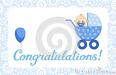 Congratulations, baby boy, card, English, vector. Vector Illustration