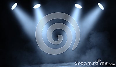 Blue studio spotlight . Stage with smoke on the floor Stock Photo