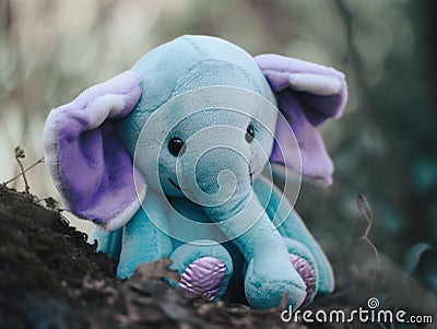 A blue stuffed elephant sitting on top of a pile of leaves. Generative AI image. Stock Photo