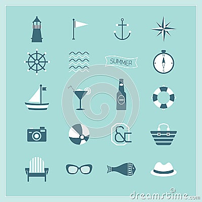 Blue Summer, Naval, and Beach icons set Vector Illustration