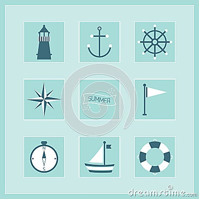 Blue Summer and Naval icons stickers set Vector Illustration
