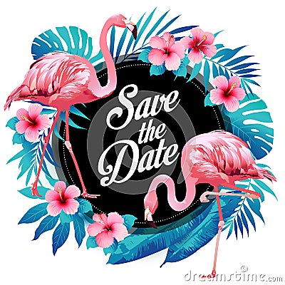 Blue summer tropical palm leaves with exotic flamingo and hibiscus flowers. Vector floral background. Vector Illustration