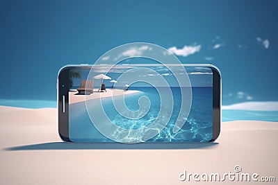 palm phone creative mock up concept sand holiday summer cyber sea. Generative AI. Stock Photo